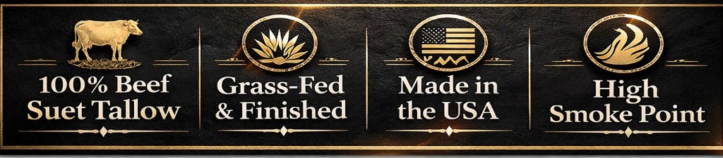 100% beef suet tallow, grass-fed and finished, made in the USA, high smoke point