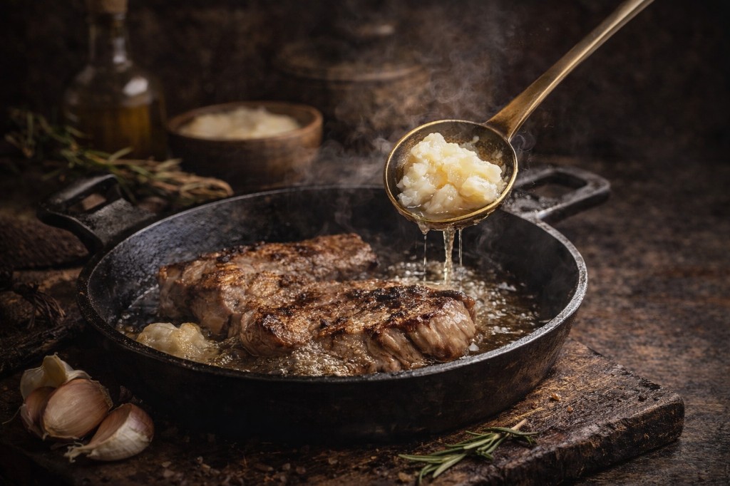 Close-up of beef tallow being ladled onto steaks searing in a cast-iron skillet with garlic and rosemary on a rustic wooden table.